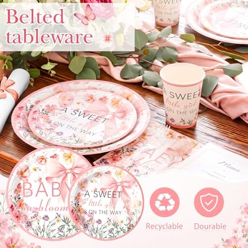 FillTouch 350 Pcs Baby in Bloom Baby Shower Party Plates Napkins a Sweet Is on The Way Paper Cups with Clear Knives Fork Spoon for Pink Bow Flower Disposable Birthday Tableware for 50 Guests - Image 3