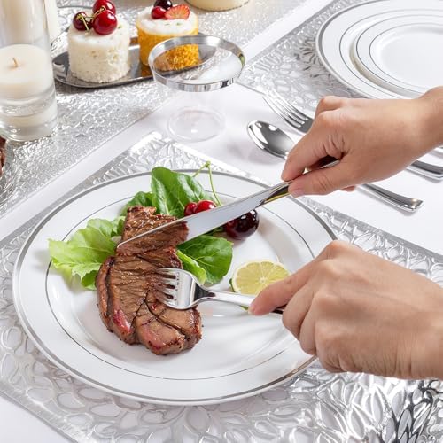 WDF Partyware 175PCS Sliver Plastic Plates - Silver Plates Disposable - White Plate with Silver Trim 25Guests Plastic Dinnerware Sets with Rolled Napkins for Wedding Baby Shower Spring Birthday - Image 3