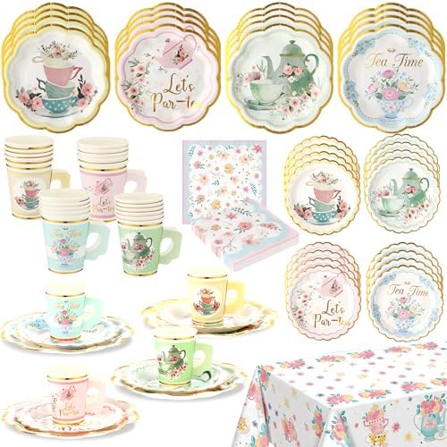 Yungyan 97 Pcs 24 Set Floral Tea Party Supplies, Tea Party Plates and Napkins Set with Tablecloth, Disposable Handle Teacups and Saucers for Birthday Wedding Bridal Shower Decorations by Yungyan