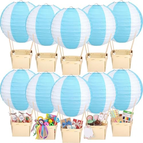 Rossesay 12 Sets Hot Air Balloon Decorations DIY Paper Lanterns Baby Shower Table Centerpieces Wooden Basket with Sticks for Gender Reveal, First Birthday Party, Wedding, Graduation(Blue) by Rossesay