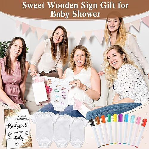 Handepo 26 Pcs Baby Shower Games DIY Bodysuit Set 1 Wooden Sign 15 White Bodysuits 10 Fabric Markers for Birth Decorating Kit(Boho) - Image 6