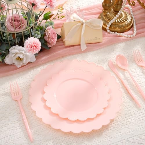 150Pcs Pink Plastic Plates Heavy Duty Dinnerware Set for Party - Image 2