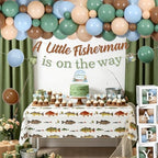 Fishing Baby Shower Decoration, A Little Fisherman is on the Way Backdrop Cupcake Cake Topper Sash Pin Box Table Cloth Latex Balloon Garland Arch Kit for Gone Fishing Baby Shower Supplies - Image 3