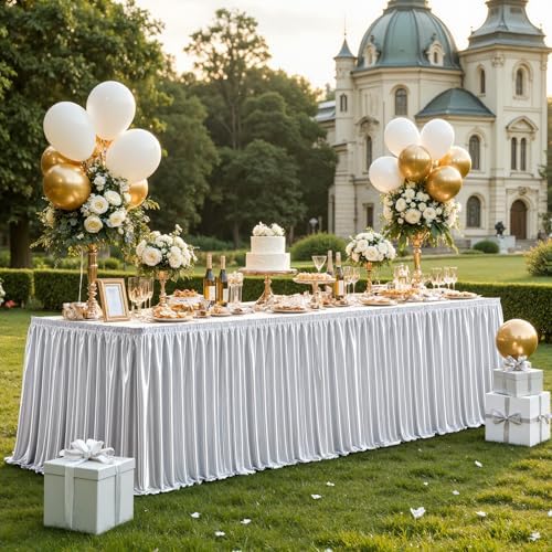 Wish Care 21ft Silver Satin Long Table Skirt for Rectangle Tables Wrinkle Free Teacher Desk Skirt Glitter Ruffle Table Skirting Cloth for Back to School Classroom Office Birthday Party Table Decor - Image 2