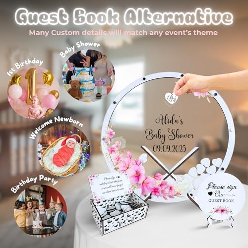 Baby Shower Guest Book Alternative, Circle Floral Wood Drop Heart Box Sign - Image 2