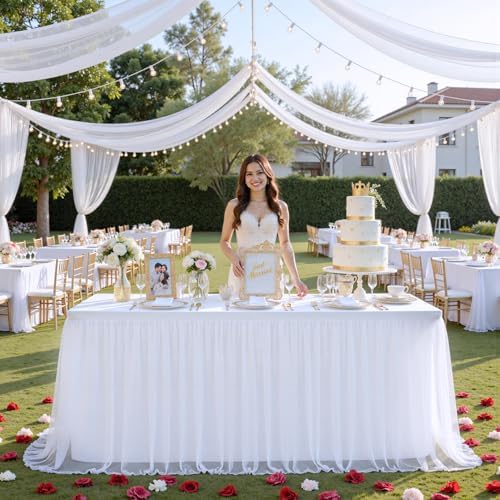 familus White Table Cloths 6 Foot Rectangle 4 Panels Stretch Ruffle Tulle Tablecloth Spandex Fitted Table Cover for 6 Foot Tulle Table Skirts for Party Wedding Table Cloths, Banquets - Image 2