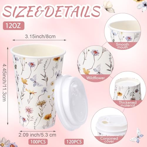 Funnymoom 100 Pieces Wildflower Disposable Paper Cups with 120 Lids 12oz Coffee Wildflower Coffee Cups for Spring Floral Themed Birthday Bridal Wedding Tea Party Baby Shower - Image 2