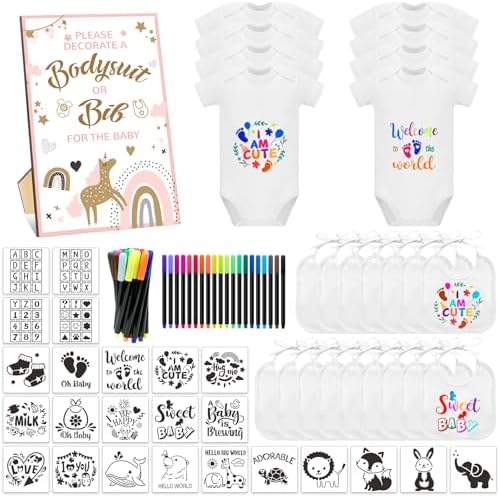 69 Pcs Baby Bib Bodysuit Baby Shower Set Baby Shower Game Sign Baby Feeder Bib Newborn Bodysuit Fabric Marker by SytuHete