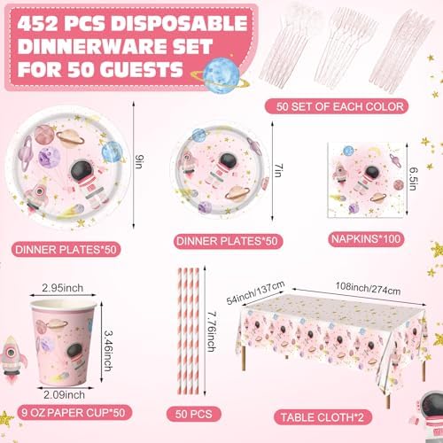 Potchen 452 Pcs Space Plates Napkins Party Supply, Light Pink - Image 2