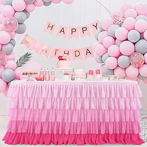 Pink Table Skirt Tutu Tulle Gradient Pink Tablecloth for Round or Rectangle Table Baby Shower Birthday Unicorn Party Home Decor 9ft by Besutolife