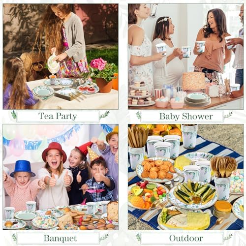 Ziliny 350 Pcs Sage Green Party Supplies Serves 50 Disposable Eucalyptus Paper Plates Napkins Cups Plastic Cutlery Tableware Set for Wedding Birthday Bridal Shower Tea Party Decoration - Image 3