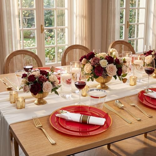 WDF Partyware 175 Pieces Red Plastic Plates with Gold Rim Include Dinner Plate 10" Dessert Plate 7" gold Cups 9 OZ, Pre Rolled Napkins 25 of each type for Wedding/Party/Birthday - Image 4