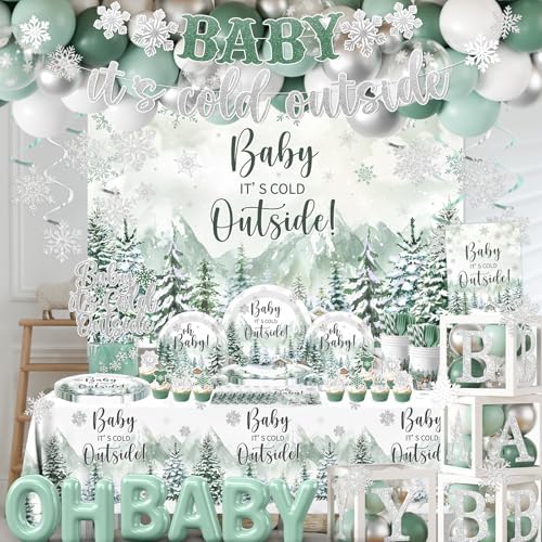 Winter Baby Shower Decorations, Green Baby It's Cold Outside Decor with Plates Napkins Tablecloth Balloon Cake Topper, Winter Wonderland Baby Shower Decorations Boy Girl for Holiday Christmas - Image 4