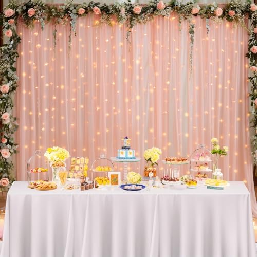 10ft x 8ft Peach Backdrop Curtain with Lights String for Parties, Sheer Tulle Wedding Photo Backdrops Drapes for Baby Shower Birthday Party Decorations Background for Photography - Image 3