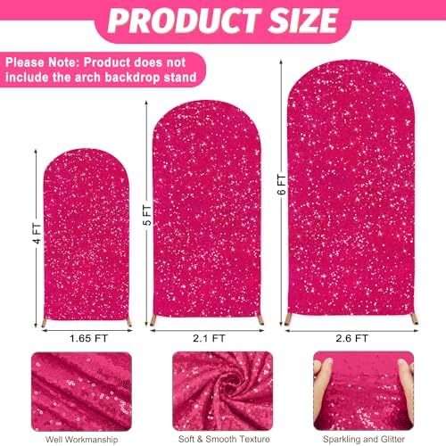 MODFUNS Set of 3 Sequins Arch Cover Hot Pink Shimmer Arch Stand Cover 4ft 5ft 6ft Stretchy Spandex Arch Covers Round Top Arch Backdrop Cover Glittery Chiara Cover for Birthday Party Event Decor - Image 2