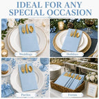 100Pcs Light Blue Napkins sage Disposable Linen Feel Dinner Paper Napkin with Built-in Flatware Pocket, Airlaid Paper Pre-Folded Napkin for Silverware Baby Shower Wedding Birthday Party - Image 2