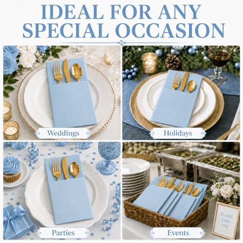 100Pcs Light Blue Napkins sage Disposable Linen Feel Dinner Paper Napkin with Built-in Flatware Pocket, Airlaid Paper Pre-Folded Napkin for Silverware Baby Shower Wedding Birthday Party - Image 2