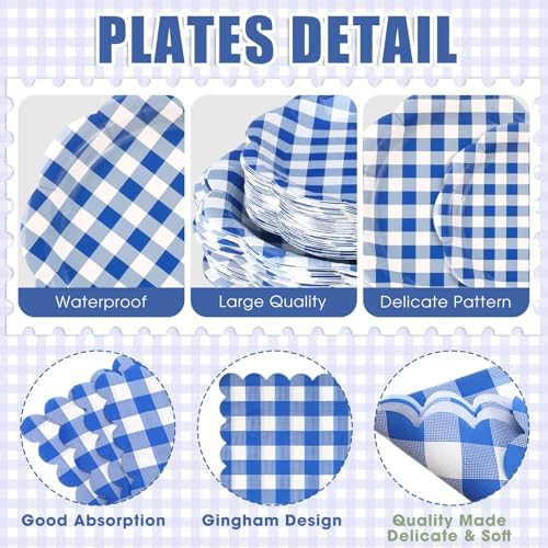 Funnymoom 400 Pcs Gingham Party Supplies for 50 Guests Dark Blue and White Paper Plates and Napkins Knives Spoon Fork Cup Disposable Checkered Dinner Party Set Cutlery for Baby Shower Wedding Favor - Image 2