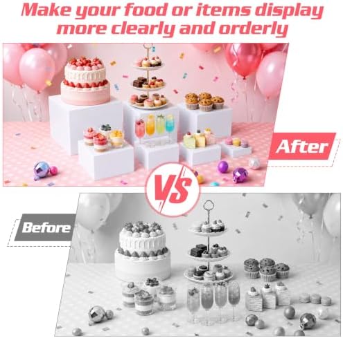[7 Pcs] White Buffet Risers Food Risers - Dessert Table Display Set and Food Cake Stands with Table Sign and Maker,Serving Tongs,Cake Cutter for Wedding Birthday Party Decoration(Size 9" 8" 7" 6" 5" 4" 3") - Image 4