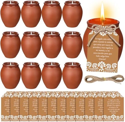 Conelist 12 Set Cielito Lindo Party Decorations Baby Shower Candles Terracotta Mexican Recuerdos DIY Jar Candles with Gift Tags and Rope for Baby Shower Birthday Cinco De Mayo Fiesta (Brown) by Conelist