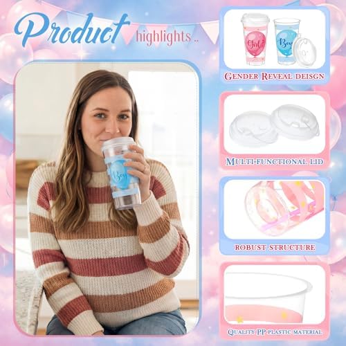 Remerry 50 Sets Gender Reveal Party Cups with Lids and Straws - 17 Oz Plastic Pink and Blue Clear Cups Bulk for Birthday Party Baby Shower Theme Events Decorations Supplies - Image 3