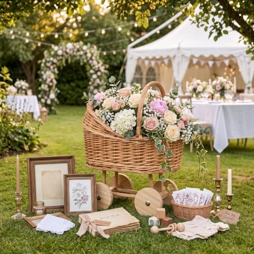 Vintage Wicker Baby Carriage Decor，Woven Rattan Stroller Flower Basket Cart for Wedding Centerpieces, Baby Shower Party Supplies & Nursery Floral Arrangement Props Floral Rustic Home Decor - Image 5