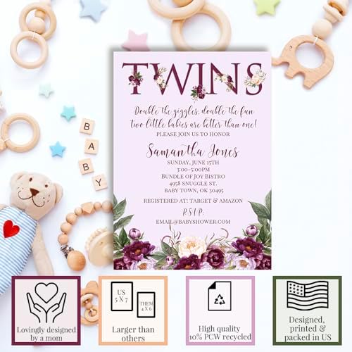 Amanda Creation Custom Baby Shower Invites Watercolor Purple Peony Twins Baby Shower Invitations 20 5x7 Custom Personalized Invites With Envelopes - Image 2