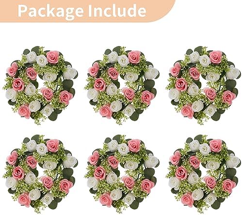NUPTIO Artificial Flowers Candle Rings - 6 Pcs 14 inch Diam Large Pink & White Fake Roses Wreath Wedding Centerpieces for Tables Spring Summer Wreath for Front Door Weddings Party Ceremony Decor - Image 6