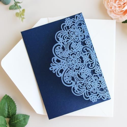 Hosmsua 50PCS Navy Blue Laser Cut Wedding Invitation Pocket, 5.12 x 7.2 Flora Invitation Pockets with Envelopes for Wedding Bridal Shower Sweet 16 Invite (No Inner Sheet) - Image 5