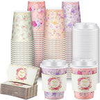 Remerry 100 Pcs 12oz Floral Disposable Coffee Cups with 100 Lids and 100 Sleeves Paper Insulated Drink Hot Coffee Paper Cups with Dome Lids and Sleeves for Parties Wedding Baby Shower(Retro) by Remerry