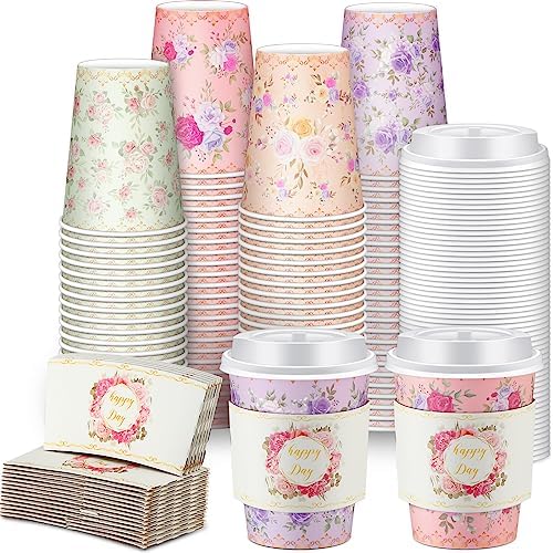 Remerry 100 Pcs 12oz Floral Disposable Coffee Cups with 100 Lids and 100 Sleeves Paper Insulated Drink Hot Coffee Paper Cups with Dome Lids and Sleeves for Parties Wedding Baby Shower(Retro) by Remerry