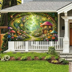Enchanted Forest Backdrop, Magical Fairy Garden Colorful Mushroom Floral Butterfly Glowing Lantern Tree Arch Photo Background Banner for Girls Birthday Baby Shower Party Photography 20X10ft - Image 7