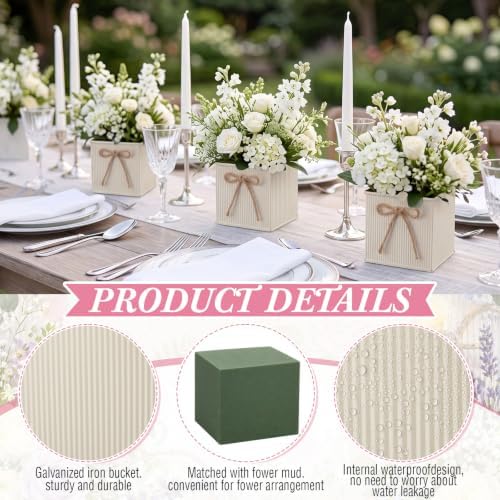 12 Pack Galvanized Square Vases with Floral Foam 3.5 Inch, Beige - Image 3