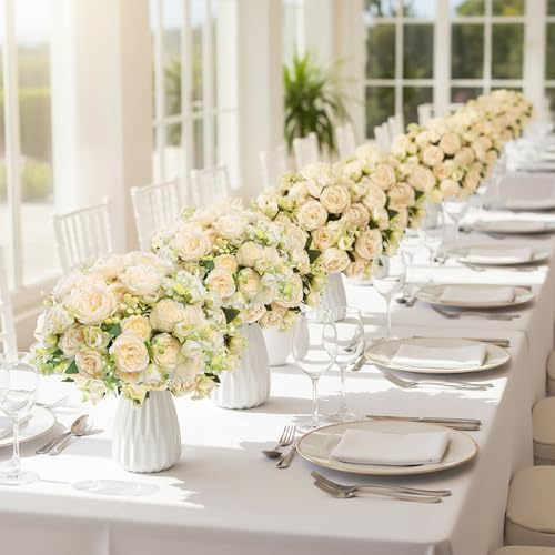 Peonies Artificial Flowers Bouquet, Lifelike Silk Fake Peonies with Stems for Home Table Centerpieces, Wedding, Party & DIY Bridal Floral Arrangements (12, Champagne) - Image 2