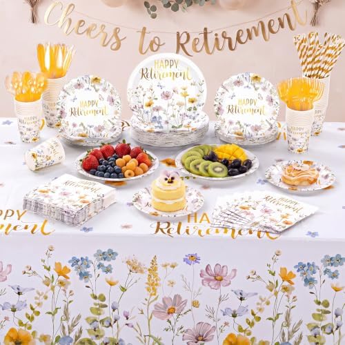 Funnymoom 452 Pcs Happy Retirement Supplies Tableware for 50 Guests, Wildflower Themed Retirement Paper Plates Napkins Cups Tablecloth Cutlery Straws for the Aged Women Say Goodbye Party Decoration - Image 6