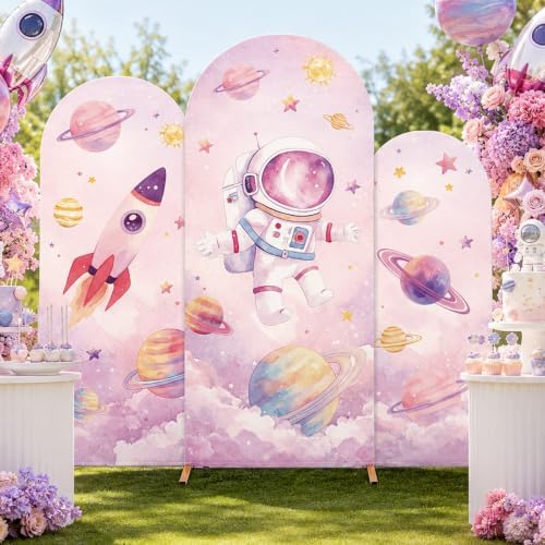 3Pcs Outer Space Arched Backdrop Covers Pink Astronaut Party Decorations - Image 5