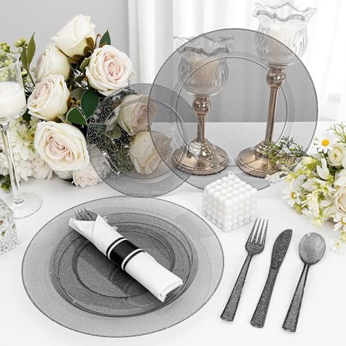 DaYammi 350PCS Black Glitter Plastic Dinnerware Set for 50 Guests - Image 4