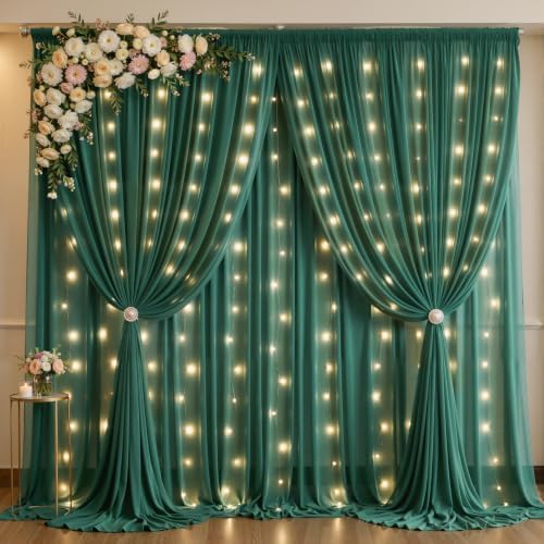 20ft x 10ft Emerald Green Chiffon Backdrop Curtain with Lights String for Parties,4 Panels Sheer Curtain Wedding Photo Backdrop for Baby Shower Birthday Party Ceremony Reception Home Decorations by Partisky