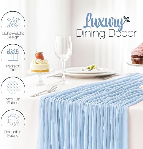12 Pack Dusty Blue Cheesecloth Table Runners 10FT Long – 35 x 120 Inch Boho Gauze Table Runners for Engagement, Wedding, Baby Shower & Home Decor – Soft Wrinkled Polyester Fabric - Image 5