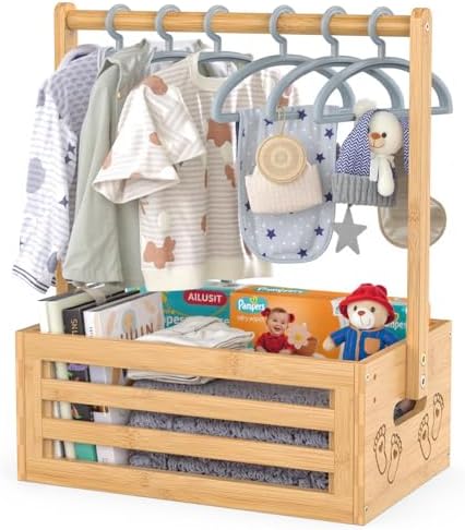 BAMBOOHOMIE Baby Shower Crate Closet, Baby Baskets with Hangers Handle, Baby Crate Box for Baby Shower, Welcome Gift Basket for Newborn Baby, Pregnancy Gift for New Parents (Natural, Small Size) by BAMBOOHOMIE