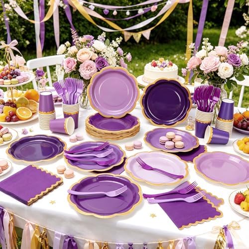 192Pcs Purple Paper Plates and Napkins Party Supplies Serves for 48 Guests, Disposable Gradient 9’’ Scalloped Lavender and Gold Plates Tableware Set for Birthday, Wedding, Baby Shower Decorations - Image 4