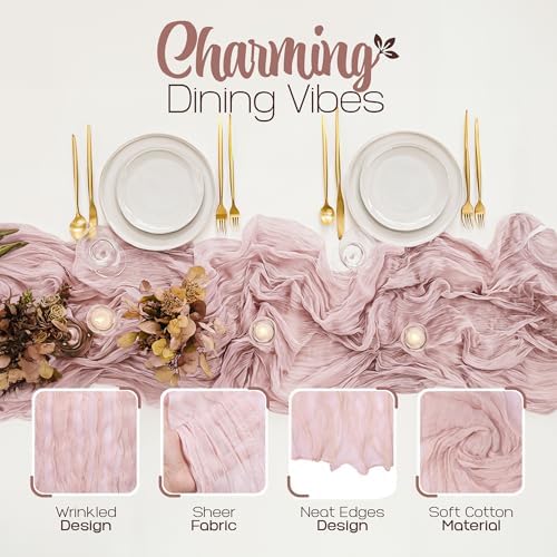 12 Pack Dusty Pink Cheesecloth Table Runners 10FT Long – 35 x 120 Inch Boho Gauze Table Runners for Engagement, Wedding, Baby Shower & Home Decor – Soft Wrinkled Polyester Fabric - Image 3