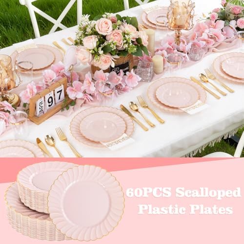 YOUBET 60PCS Pink Scalloped Plastic Plates for Party Wedding Baby Shower - Image 6
