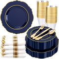 Liacere 350PCS Navy Blue Plastic Patriotic Plates-Disposable Blue Gold Plates 50guest Plastic Dinnerware include 100Plates,50Pack Pre Rolled Napkins with Silverware 50Cups for Party/Wedding/Labor Day by Liacere
