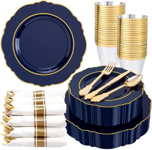 Liacere 350PCS Navy Blue Plastic Patriotic Plates-Disposable Blue Gold Plates 50guest Plastic Dinnerware include 100Plates,50Pack Pre Rolled Napkins with Silverware 50Cups for Party/Wedding/Labor Day by Liacere