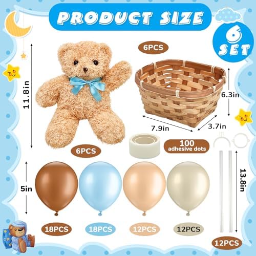 Hollowfly 6 Set Bear Baby Shower Party Decoration Table Centerpieces 6 Gender Reveal Stuffed Plush Bears 6 Bamboo Baskets 60 Colorful Balloons 12 Balloon Stands Birthday Party Wedding(Blue) - Image 2