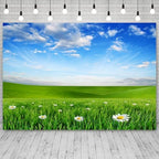 12x8ft Spring Backdrop Grassland Landscape Daisy Flowers Photography Background Green Grass Blue Sky Nature Scenery Kid Birthday Banner Decorations Baby Shower Portrait Photo Booth Prop - Image 3