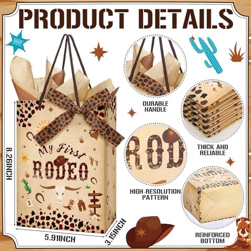 Weekgrat 50 Pcs My First Rodeo Birthday Party Favors Bags with Handles for Guest Western Cowboy 1st Birthday Gift Bag with Tissue Paper Ribbons Cowboy Candy Bag My First Rodeo Party Supply(Brown) - Image 2
