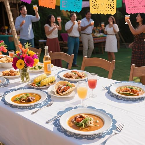 100 Pcs Blue Talavera Mexican Paper Placemats 13.5 Inch Cielito Lindo Party Decoration Disposable Scalloped Platos De Barro Mexicanos Paper Table Mat for Fiesta Wedding Baby Shower Party Decor - Image 5