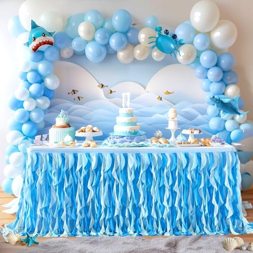 Partisky Ocean Blue Tulle Tutu Ruffle Curly Willow Table Skirt for Rectangle Table 14ft,Under The Sea Baby Shark Themed Table Cloth for Boys Girls Birthday Party or Baby Shower - Image 2